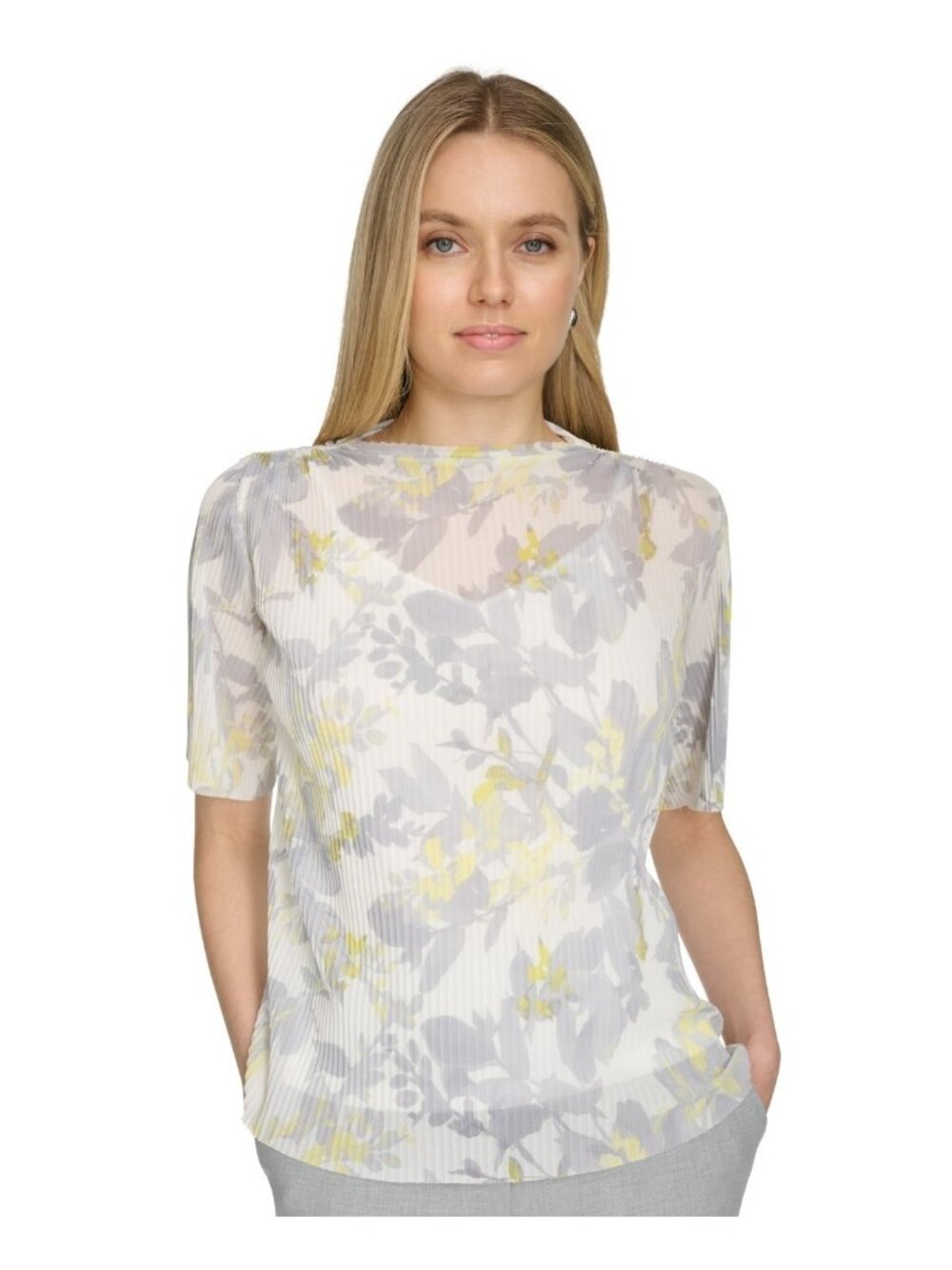 Calvin Klein Ivory Printed Mock Neck Light Short-Sleeve Top Petite Size PM $79